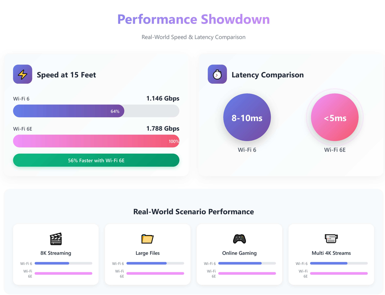 Performance comparison chart showing Wi-Fi 6 achieving 1.146 Gbps vs Wi-Fi 6E's 1.788 Gbps, latency differences, and real-world scenario performance ratings