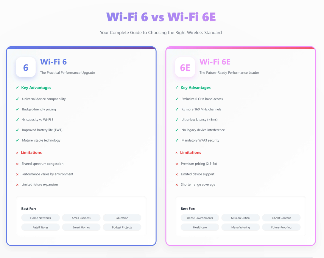 Comprehensive decision guide comparing Wi-Fi 6 and Wi-Fi 6E features, use cases, and quick decision helper questions for choosing the right technology