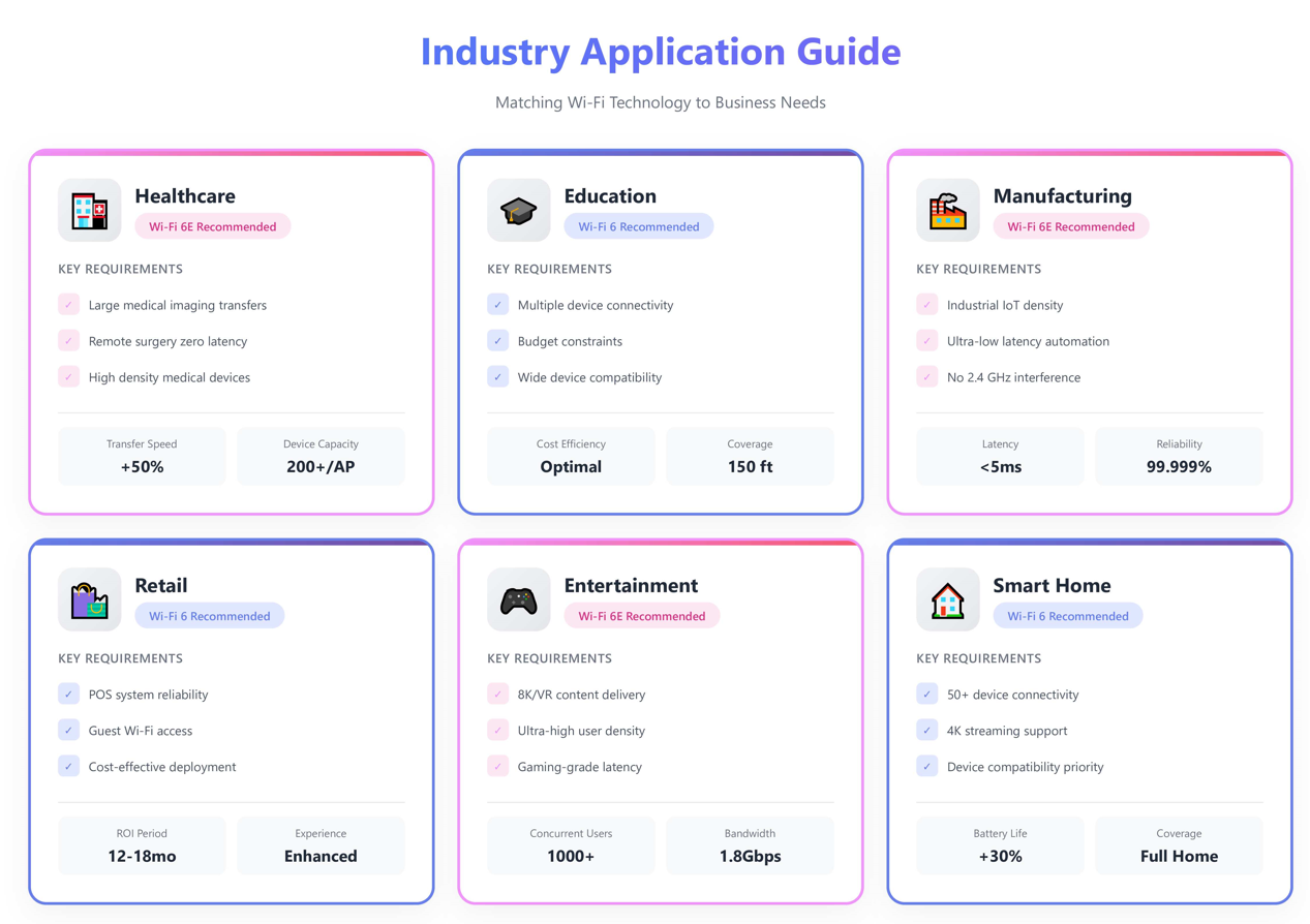 Industry application matrix showing Wi-Fi 6E recommended for healthcare, manufacturing, and entertainment, while Wi-Fi 6 suits education, retail, and smart homes