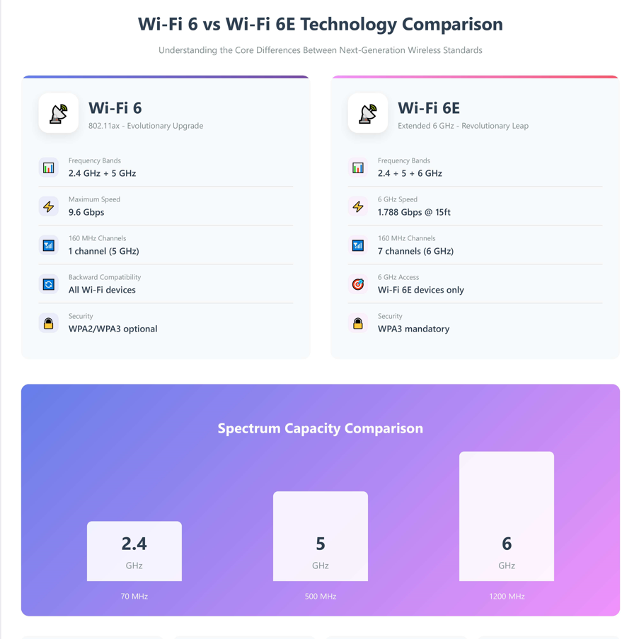 Wi-Fi 6 vs Wi-Fi 6E core technology comparison showing frequency bands, speeds, channel counts, and spectrum capacity visualization with 2.4GHz, 5GHz, and 6GHz bands