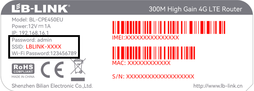 &Eacute;tiquette inf&eacute;rieure du routeur 4G BL-CPE450EU