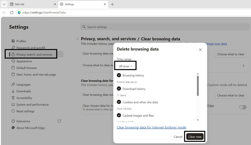 Clear browsing cache and cookies in Microsoft Edge for router login.png