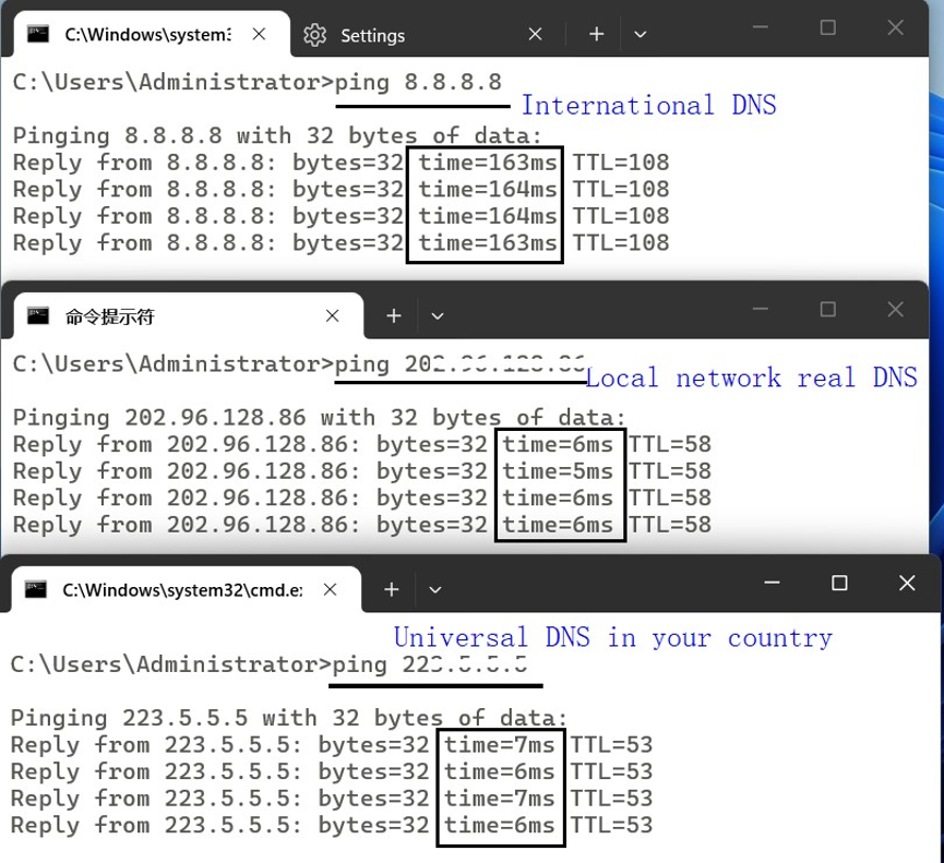 Command prompt ping test comparing different DNS servers for LB-LINK WiFi adapter speed troubleshooting