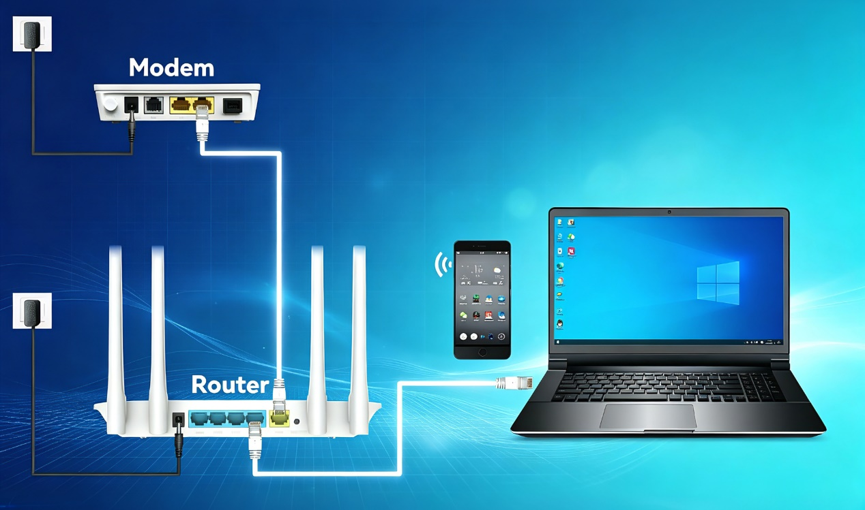 LB‑LINK router correct wiring diagram modem to WAN port, PC and phone connected to LAN.png