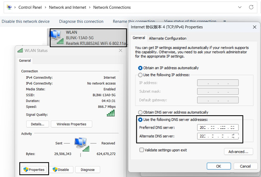 Windows TCP/IPv4 DNS properties and WLAN link speed status for LB-LINK USB WiFi adapter setup